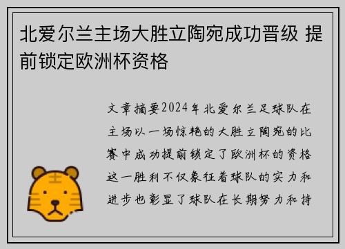 北爱尔兰主场大胜立陶宛成功晋级 提前锁定欧洲杯资格