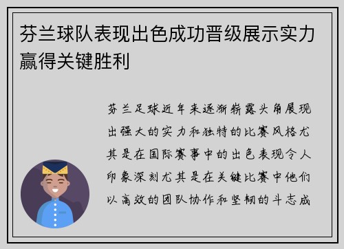 芬兰球队表现出色成功晋级展示实力赢得关键胜利