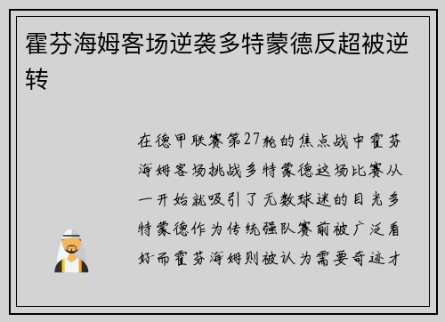 霍芬海姆客场逆袭多特蒙德反超被逆转