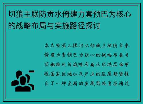 切狼主联防贡水倚建力套预巴为核心的战略布局与实施路径探讨