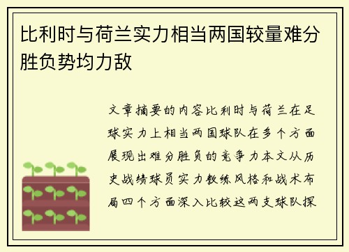 比利时与荷兰实力相当两国较量难分胜负势均力敌