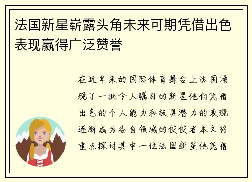 法国新星崭露头角未来可期凭借出色表现赢得广泛赞誉