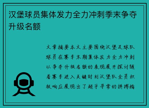 汉堡球员集体发力全力冲刺季末争夺升级名额