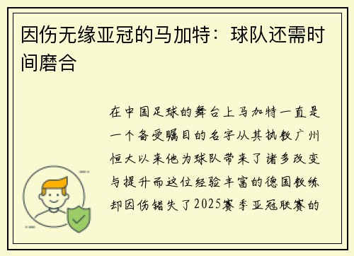 因伤无缘亚冠的马加特：球队还需时间磨合