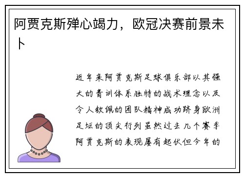 阿贾克斯殚心竭力，欧冠决赛前景未卜