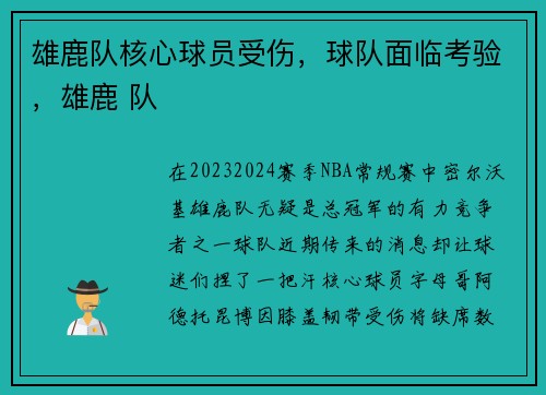 雄鹿队核心球员受伤，球队面临考验，雄鹿 队